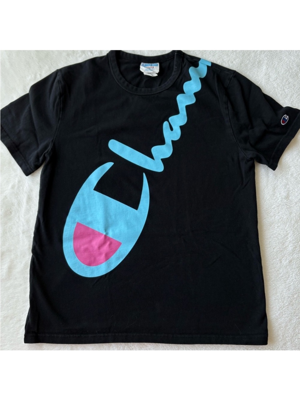 Champion Black Tee with Blue and Pink Logo